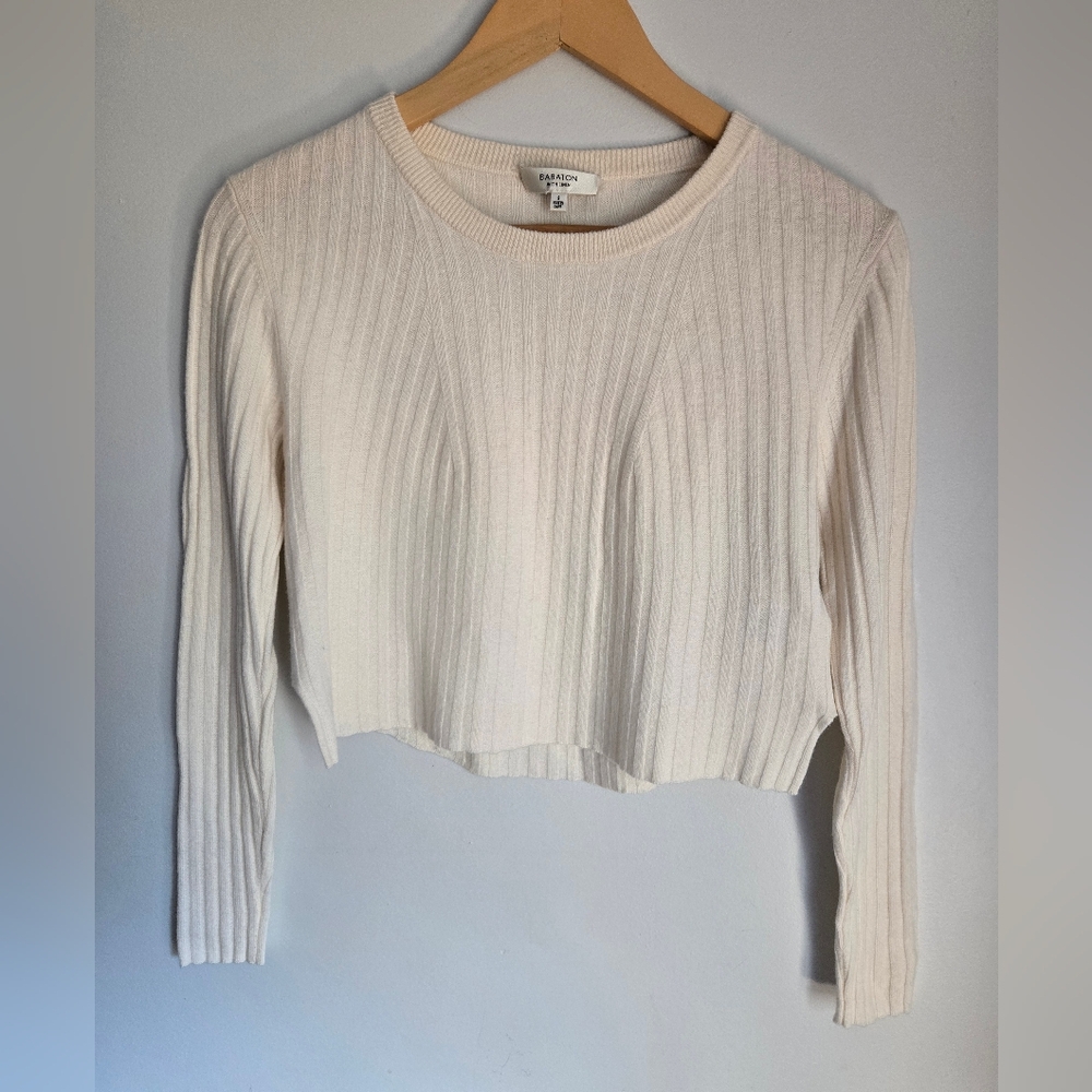 BABATON Cream Ribbed Long Sleeve Crop Knit Sweater